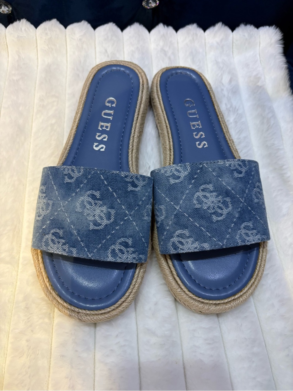 Guess Blue Denim Slide Sandals with Jute Trim
